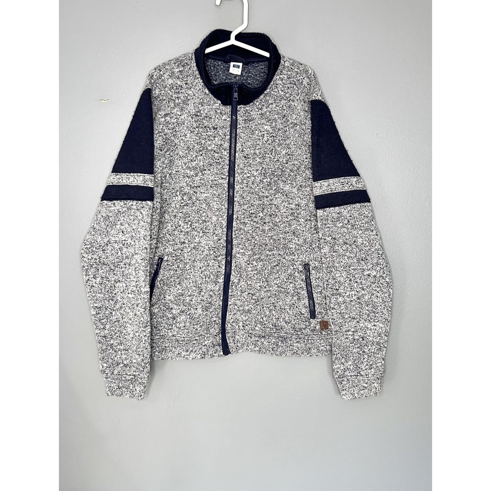 Janie And Jack Fleece Jacket Kids 10-12 Gray Heather Navy Full Zip Knit Stripes